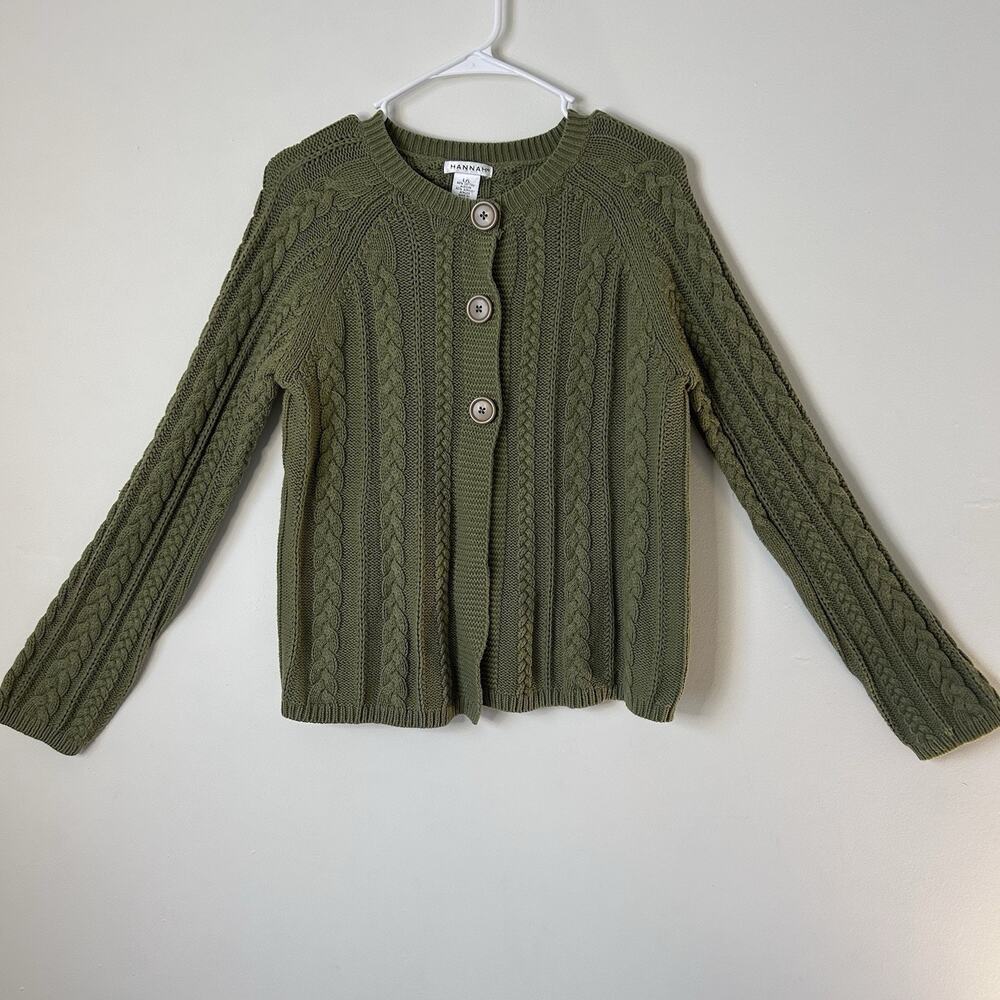 Cardigan Sweater Green Cable knit Women large Grandma Core coquet cottagecore